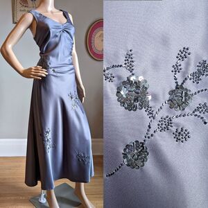 Vintage Y2K Newport News Satin Midi Dress Gray Beaded Sequin Whimsygoth Size 8P